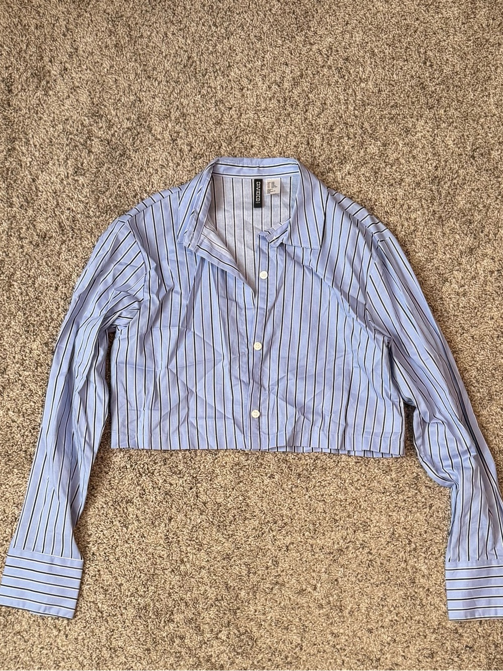 H&M Divided Cropped Striped Button Up Shirt Light Blue XXS